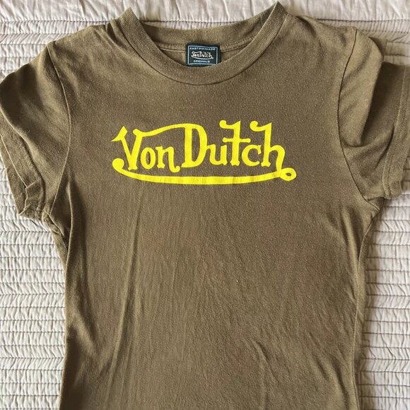 Von Dutch Vintage Brown Tee Women XS Yellow Letters - Picture 1 of 1